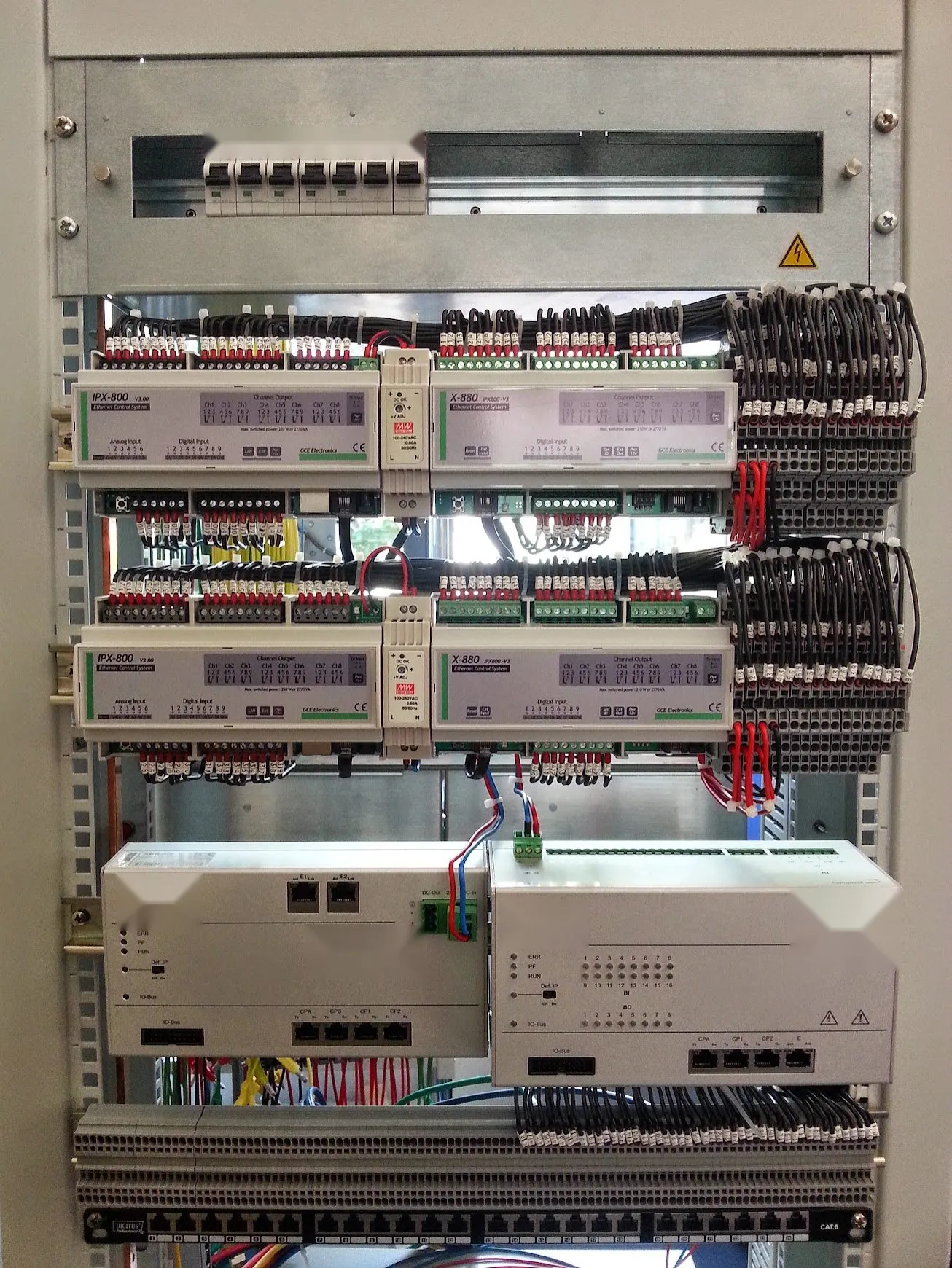 Schaltschrank mit Fernwirkgeräten, Ethernet-I/O-Modulen und beschrifteter Reihenklemmenverdrahtung